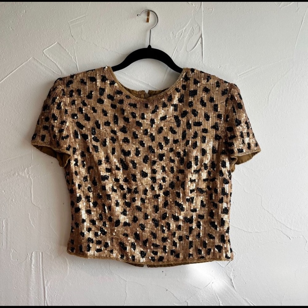 Vintage Adrianna Pappel Gold & Black Leopard Sequined Top